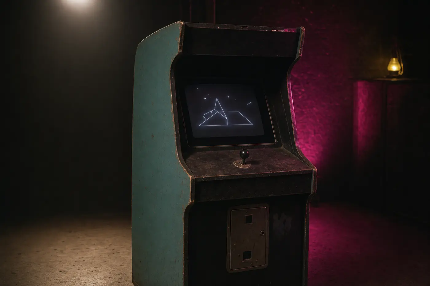 Ein einzelner aufrecht stehender Spielautomat in einem dunklen, leeren Raum; auf dem Bildschirm nur ein schwaches Gitter aus weißen Linien auf schwarzem Grund, davor ein Steuerknüppel mit Kugelgriff.
