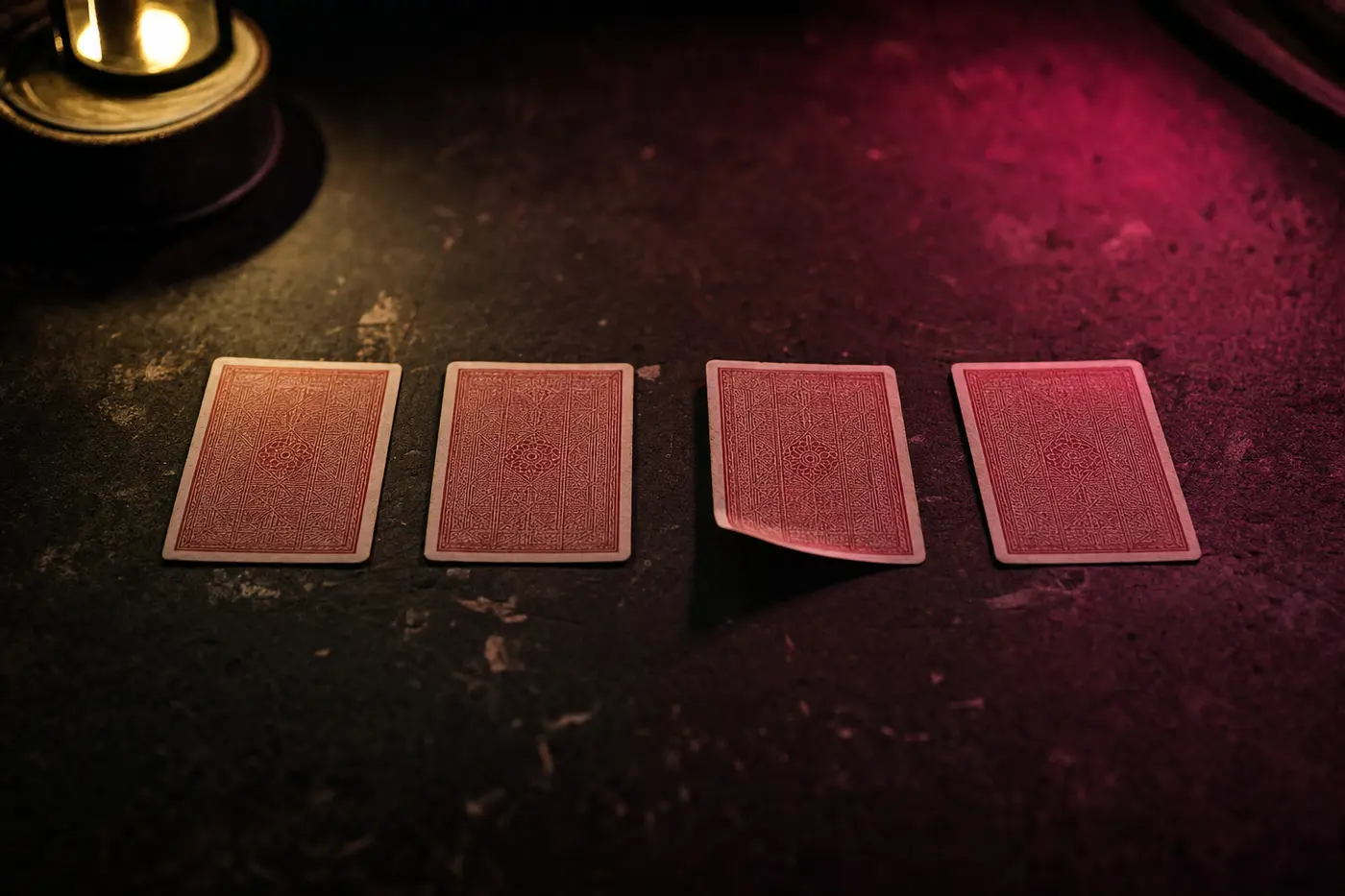 Vier Spielkarten liegen verdeckt in einer losen Reihe auf einer dunklen, abgeschabten Fläche; die Rückseiten sind tiefrot mit einem feinen geprägten Muster, eine Karte ist an einer Ecke leicht angehoben.