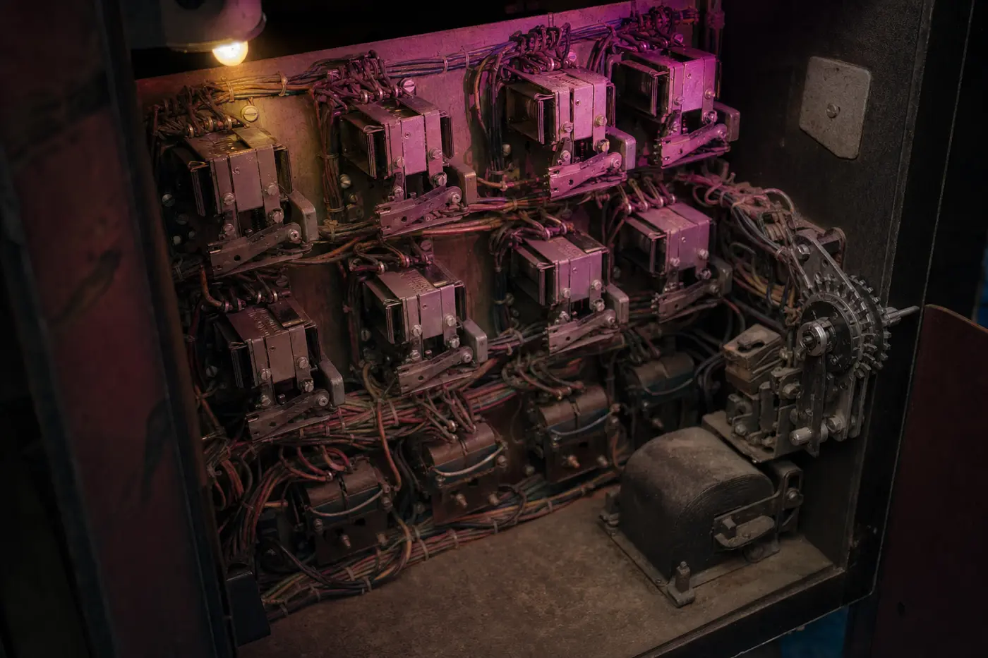 Das geöffnete rückwärtige Chassis eines alten Münzautomaten: Reihen elektromechanischer Relais, rechts ein Schrittschaltwerk mit Zahnrad, stoffisolierte Leitungen in verblassten Farben, darüber eine warme Lampe.