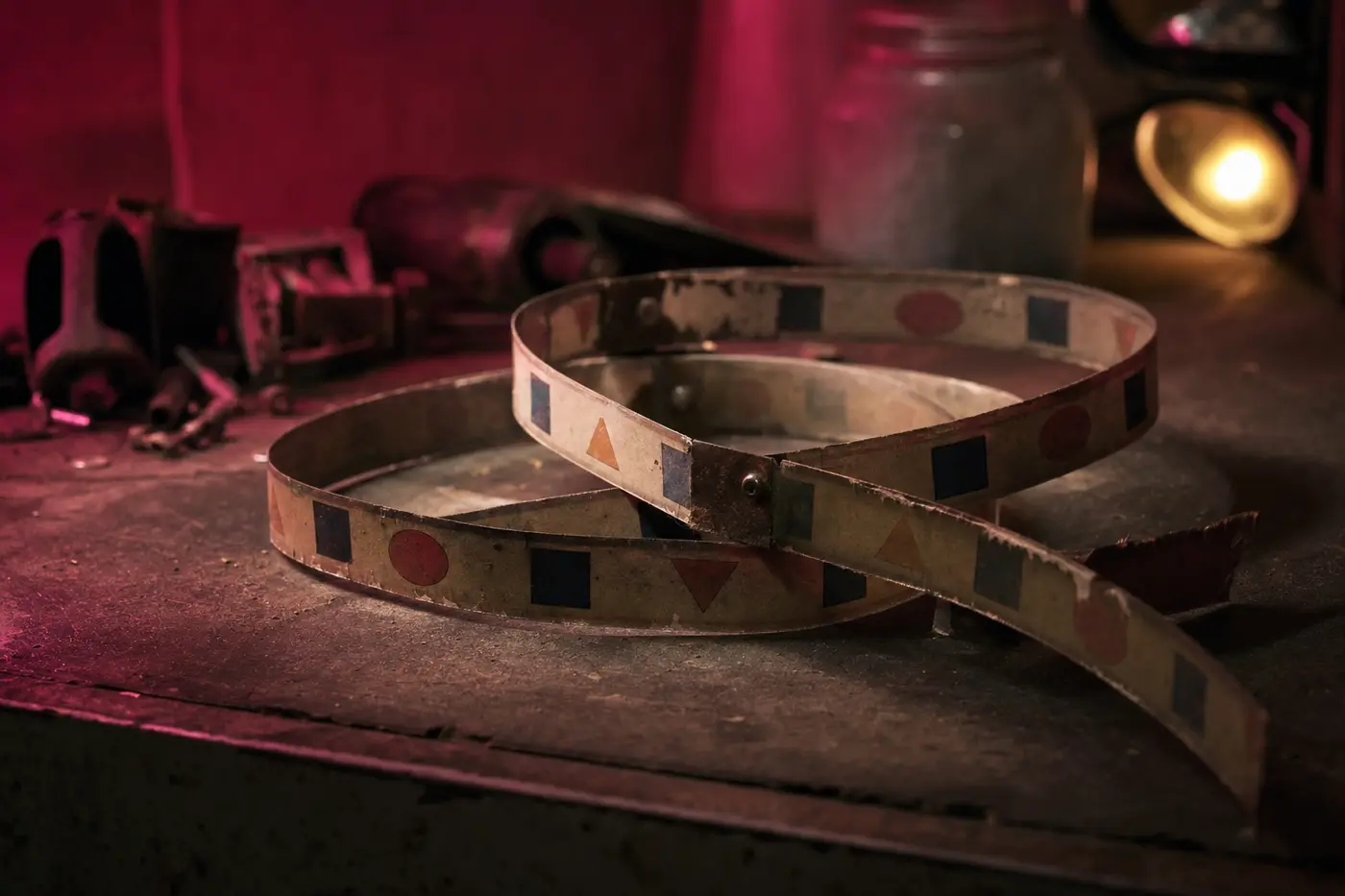 Ein abgenommenes Walzenband eines alten Automaten liegt lose gerollt auf einer Werkbank; der Papierstreifen ist auf einen dünnen Metallring genietet, darauf wiederholen sich verblasste geometrische Formen, die Kanten sind ausgefranst.
